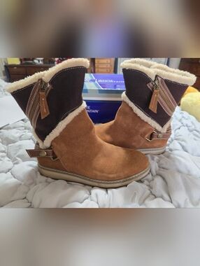 White Mountain Tan and Dark Brown Suede Shearling Ankle Boots